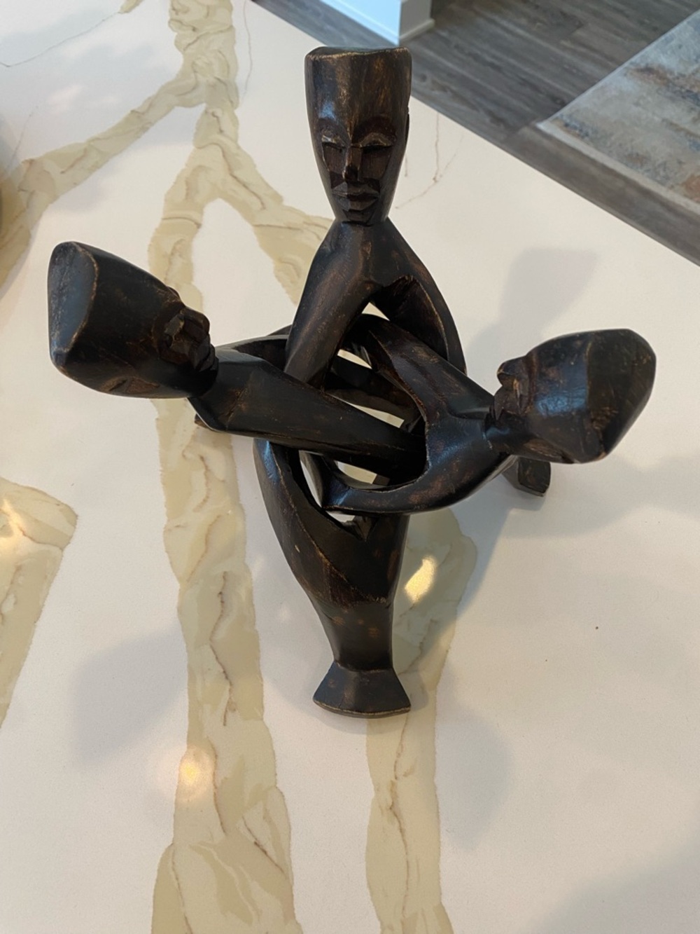 VTG. African Wood Hand Carved 3-Man Unity  Sculpture Interlock Art Plant Stand
